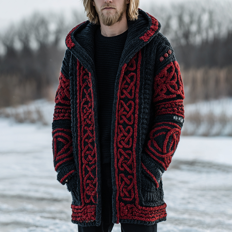 Men's Retro Celtic Knot Art Jacquard Chunky Knitted Cozy Hooded Cardigan