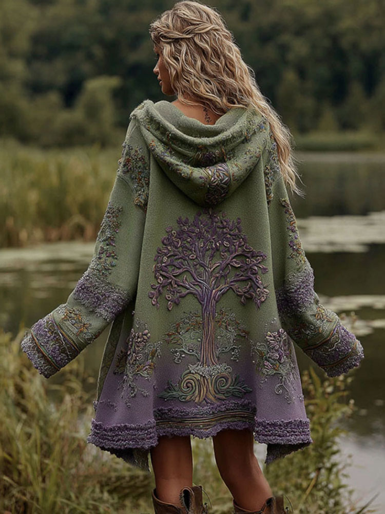 Women's Viking Life Of Tree Art Knitted Cozy Hooded Cardigan