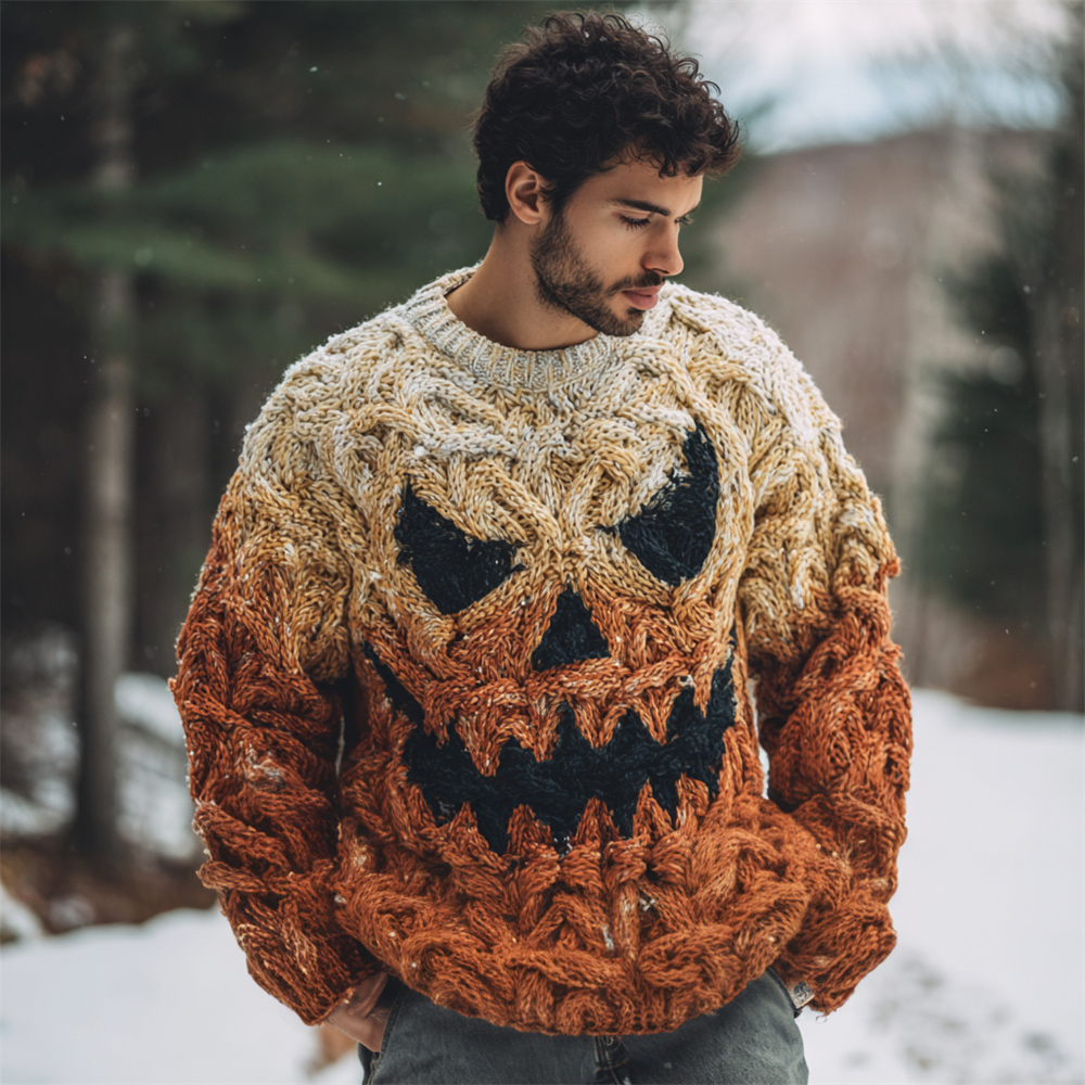 Halloween Evil Pumpkin Light Emoji Men's Chunky Knit Crew Neck Sweater