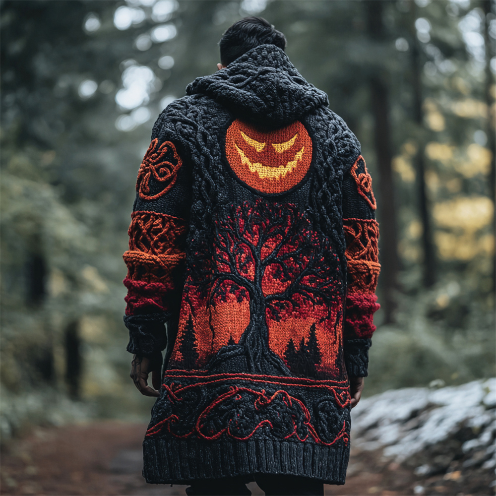 Halloween Pumpkin Light & Viking Tree Of Life Knit Art Men's Hooded Long Cardigan