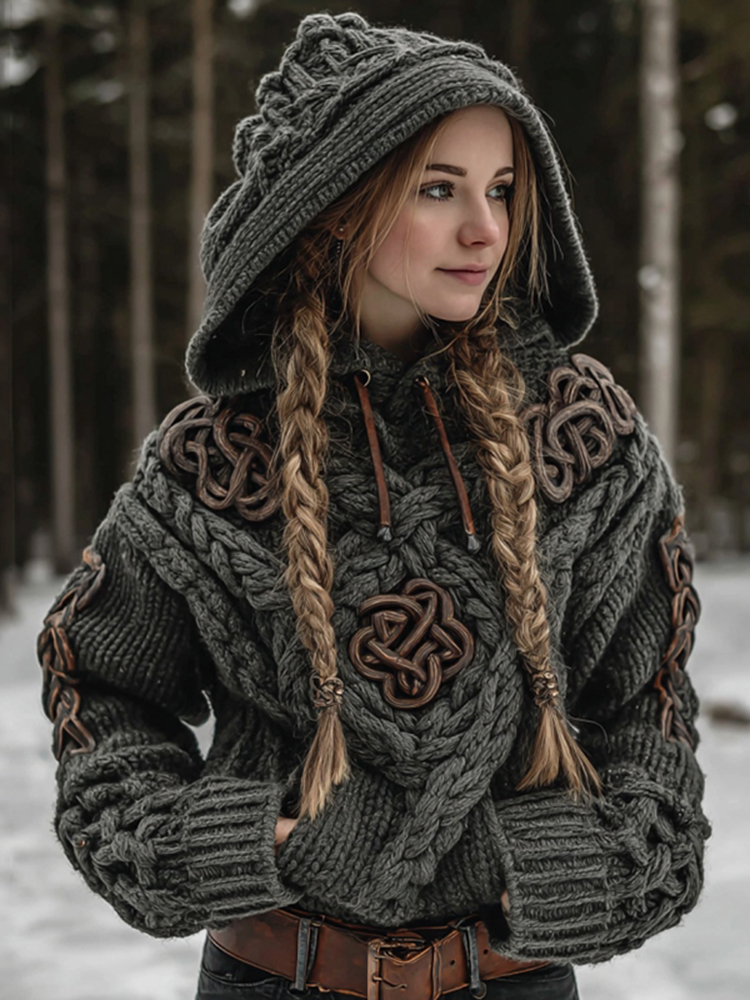 Women's Vintage Celtic Knot Knit Casual Hooded Sweater