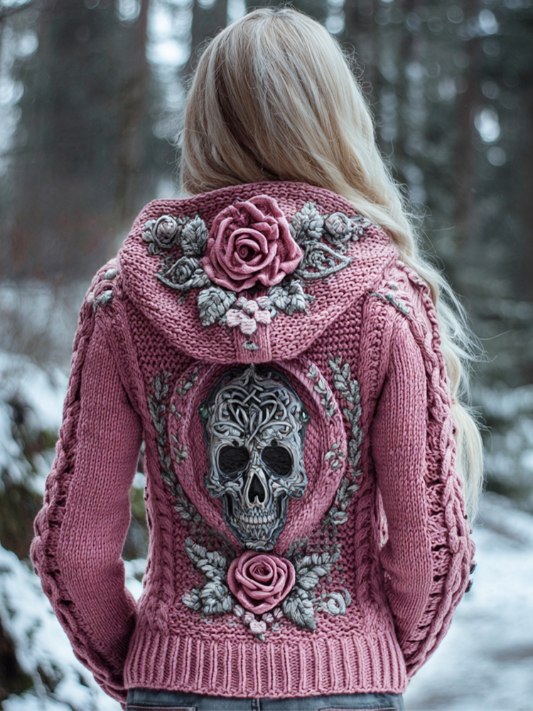 Viking Skull & Floral Knit Art Women's Hooded Sweater