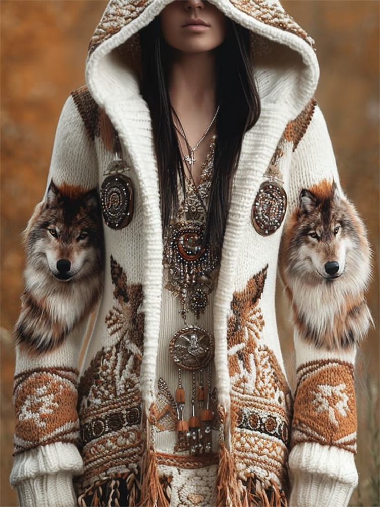 Vintage Western Wolf Ethnic Aztec Cozy Hooded Cardigan