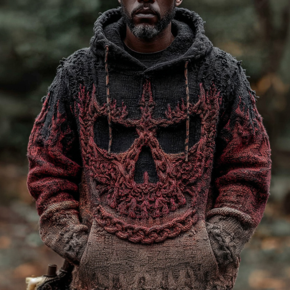 Halloween Skull Gradient Vintage Knitted Hooded Sweater