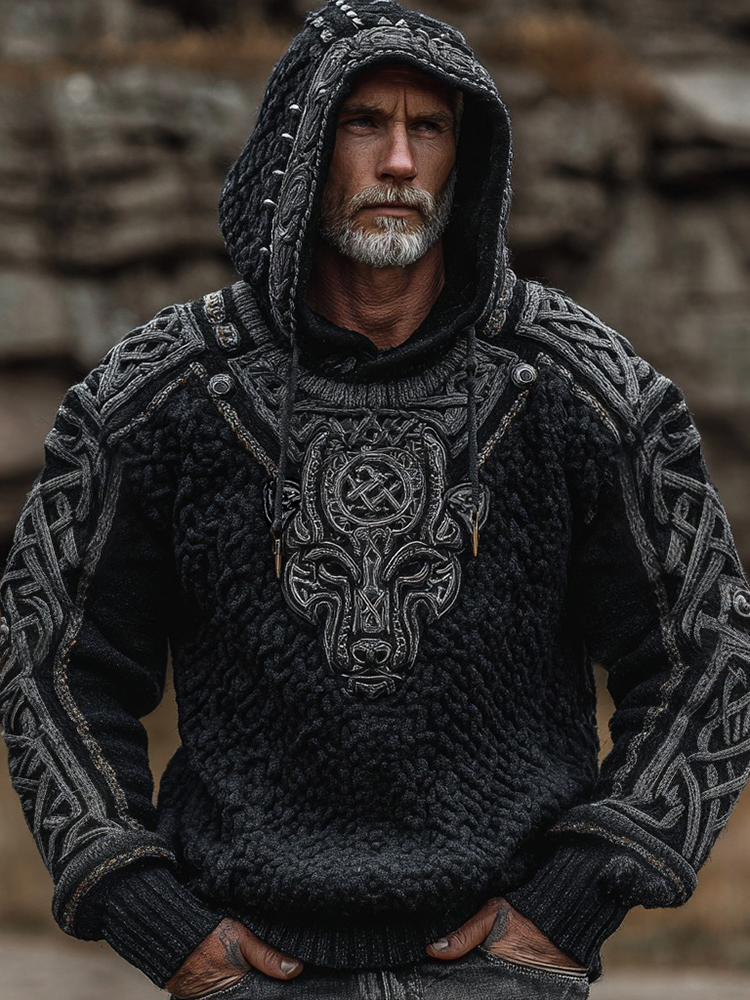 Men's Viking Wolf Celtic Jacquard Art Hooded Cozy Sweater