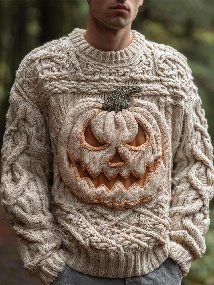 Halloween Pumpkin Light Art Men's Chunky Knit Crew Neck Sweater