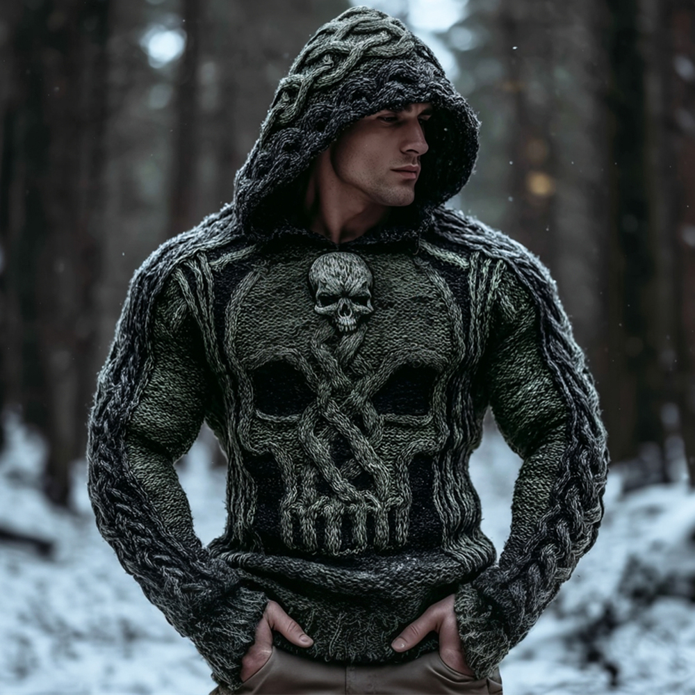 Vintage Viking Evil Skull Men's Chunky Knit Twist Hooded Sweater
