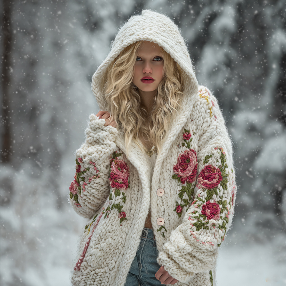 Viking Style Celtic Knot Pink Rose Hooded Cardigan Sweater