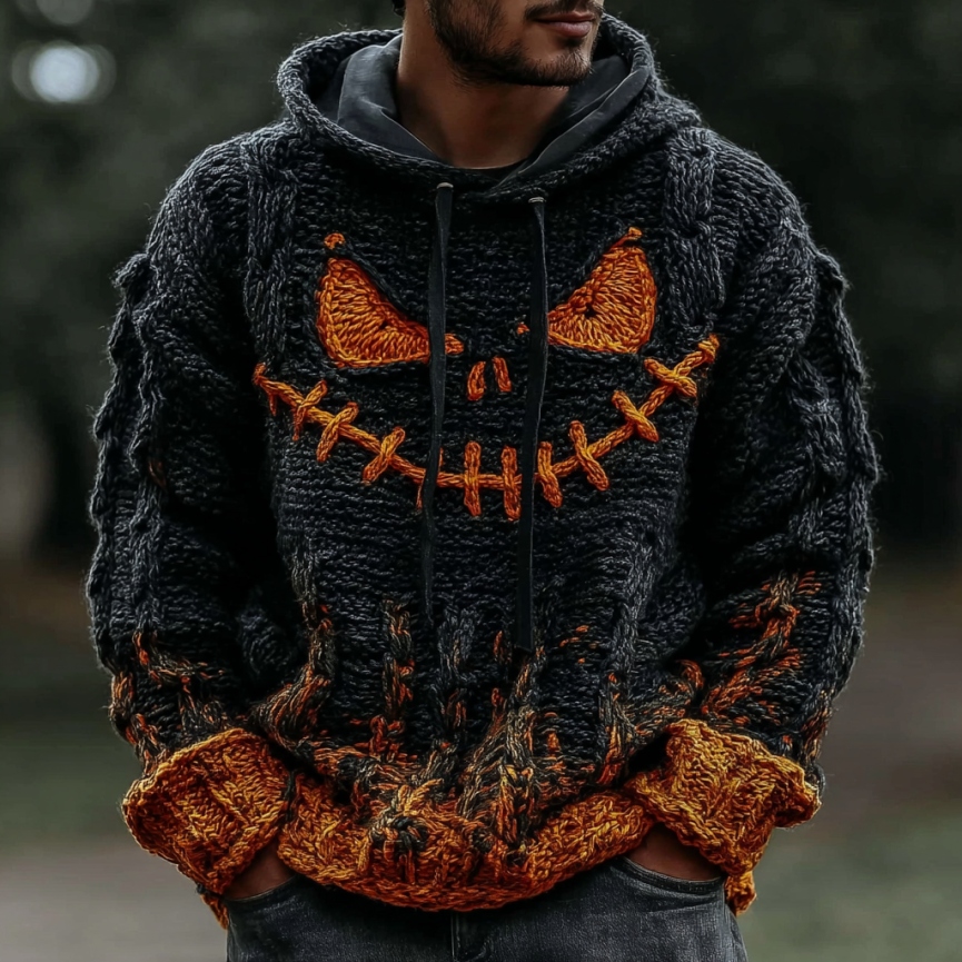 Men's Halloween Pumpkin Art Knit Hooded Sweater