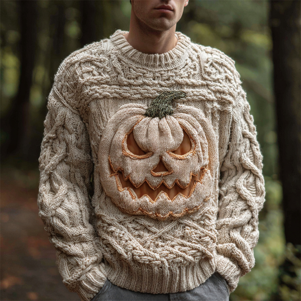 Halloween Pumpkin Light Art Men's Chunky Knit Crew Neck Sweater