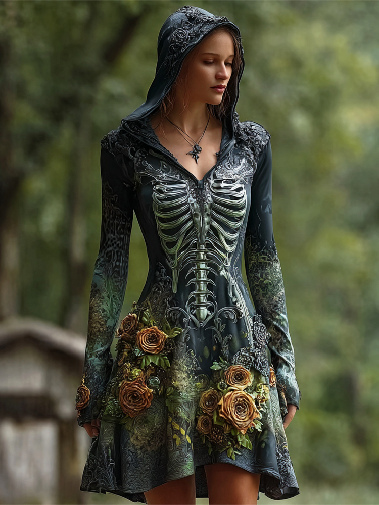 Halloween Vintage Rose Skeleton Dark Art Women's Hooded Mini Dress