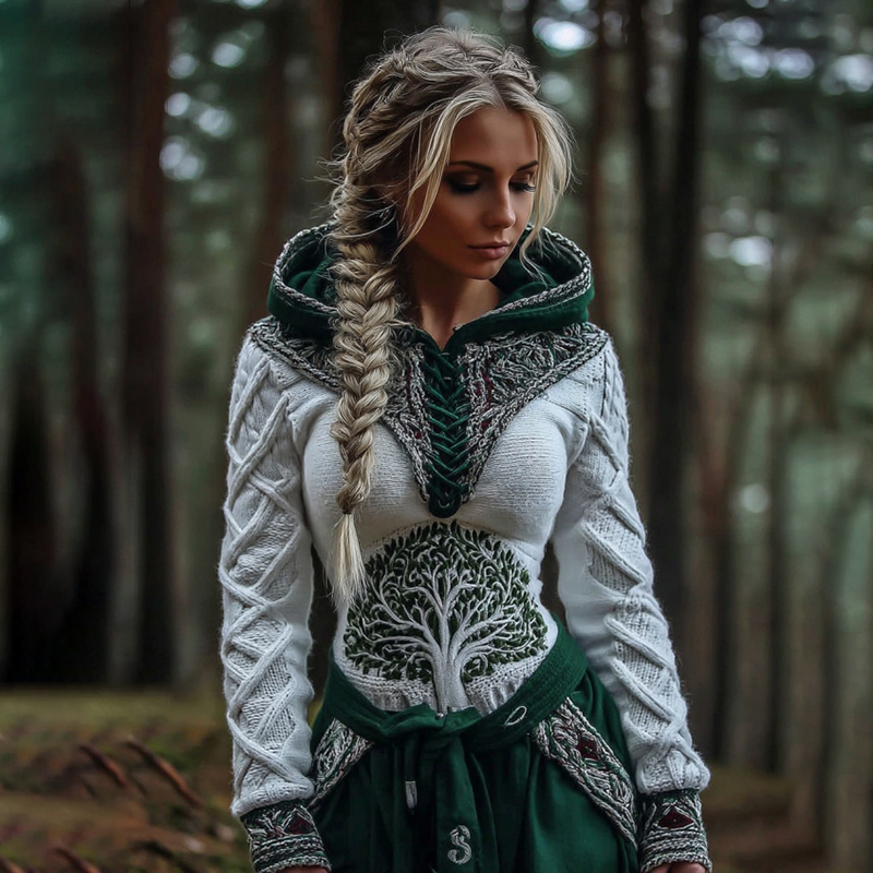 Women's Vintage Tree Of Life Knit Casual Hooded Sweater