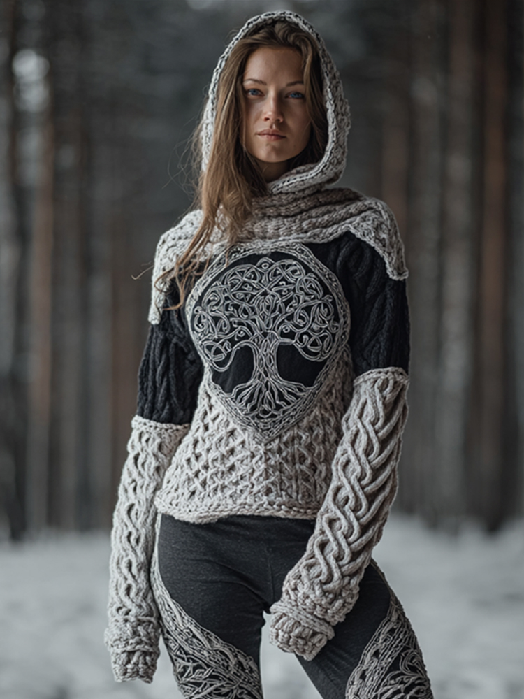 Women's Viking Style Tree Of Life Knot Black And White Contrasting Hooded Sweater