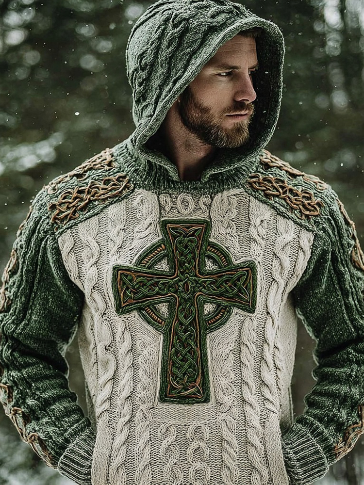 Men's Vintage Irish Celtic Cross Knit Chunky Hooded Sweater