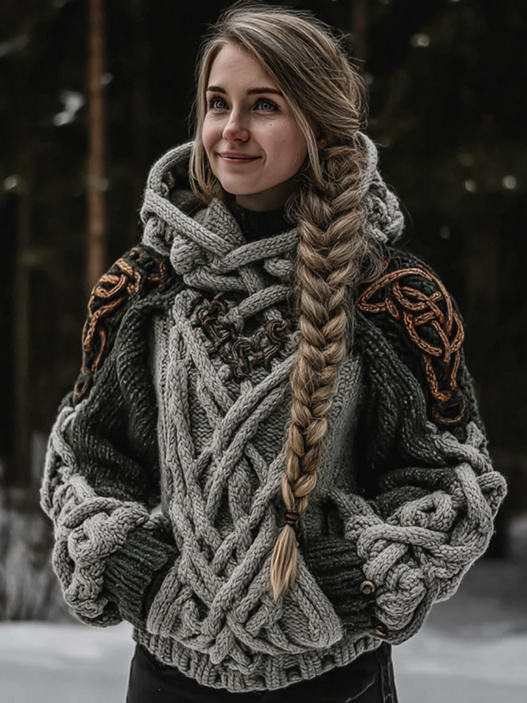 Women's Vintage Celtic Knot Art Knit Color Block Cozy Hooded Sweater