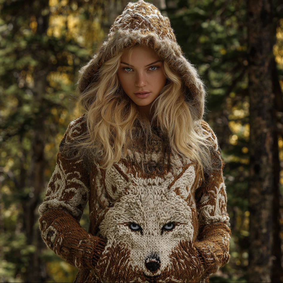 Viking Retro Style Wolf Element Women's Hooded Knit Sweater