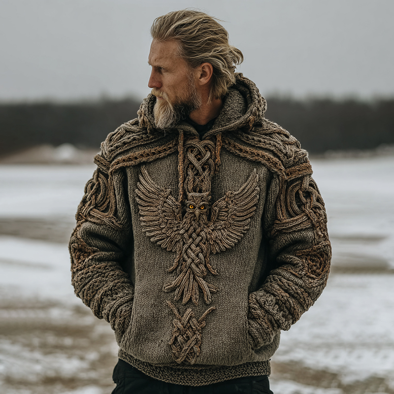 Men's Vintage Viking Eagle Celtic Knot Jacquard Cozy Knit Hooded Sweater