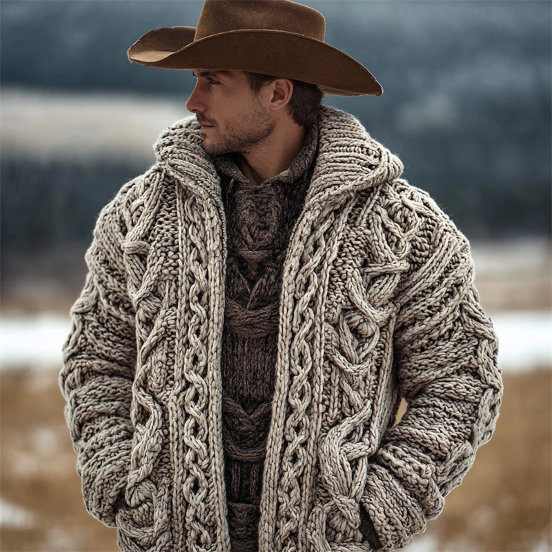 Men's Vintage Celtic Chunky Cozy Knit Hooded Cardigan