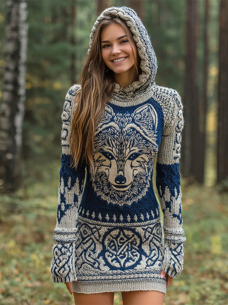 Viking Wolf Totem Art Women's Knit Hooded Mini Dress