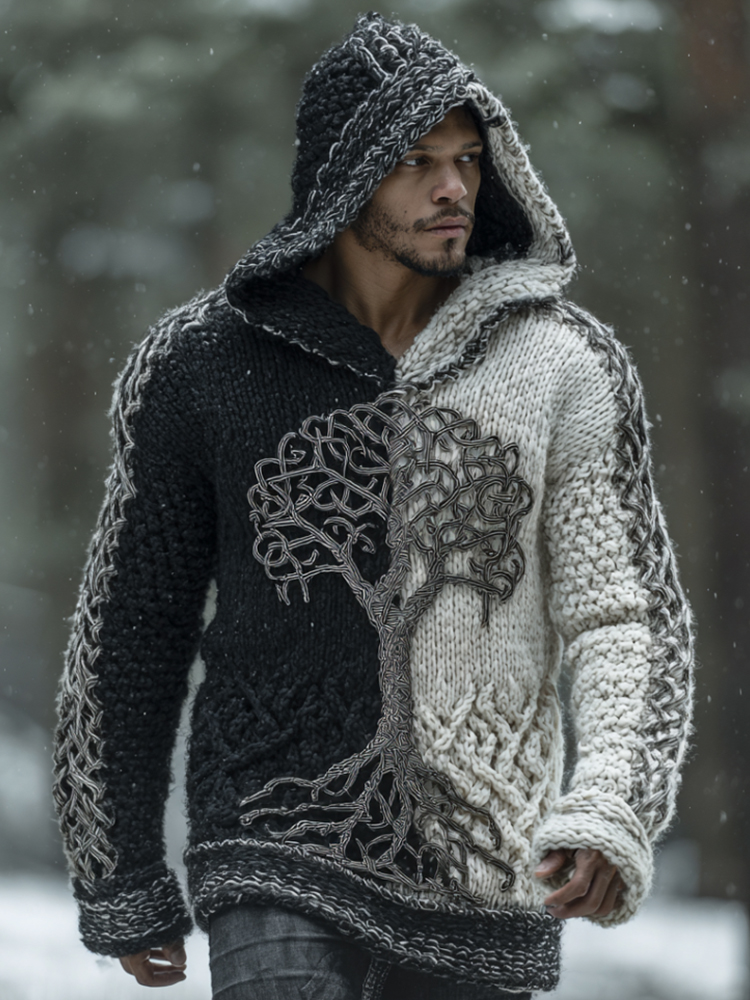 Viking Style Tree Of Life Black And White Color Blocked Hooded Sweater