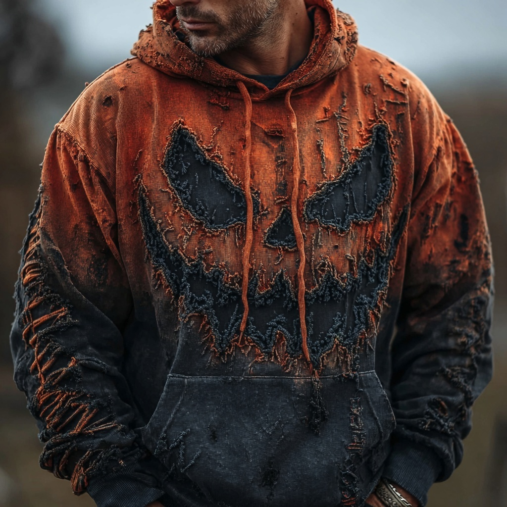 Men's Halloween Spooky Face Gradient Washed Cozy Hoodie