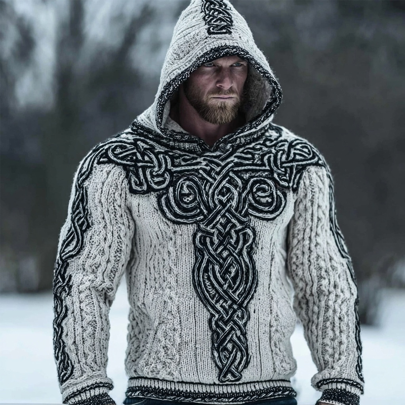 Men's Viking Inspired Celtic Chunky Knit Hooded Sweater