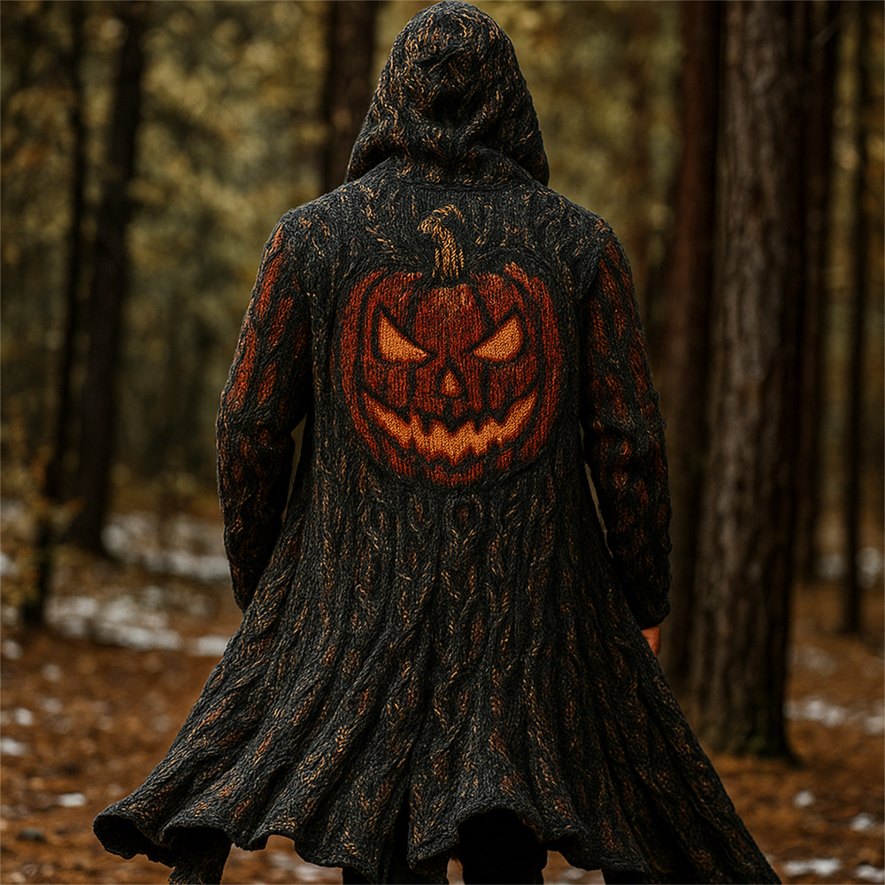 Halloween Pumpkin Lights Men's Chunky Knit Hooded Long Cardigan