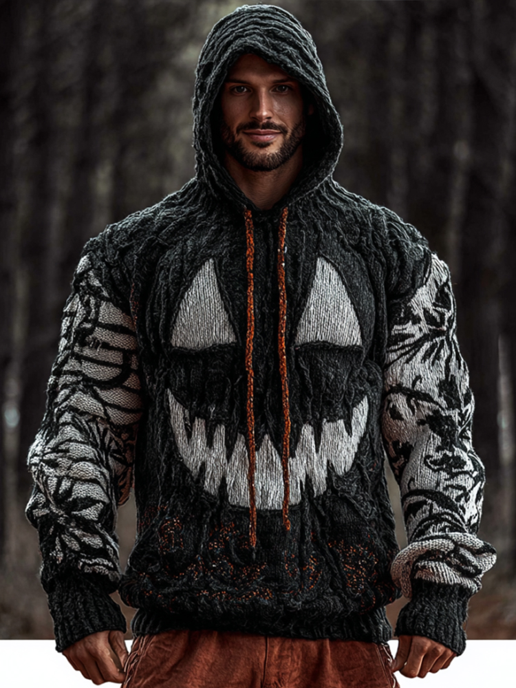 Halloween Pumpkin Emoji Black And White Two Tone Thick Hooded Sweater