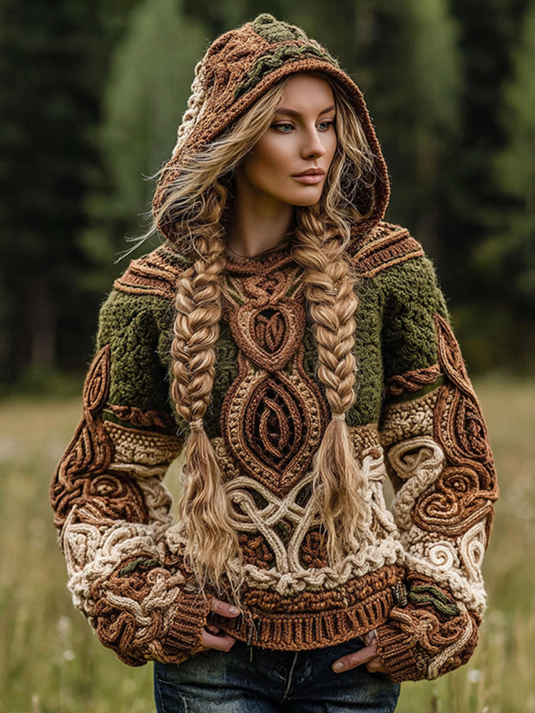 Women's Vintage Celtic Knot Jacquard Knit Hooded Sweater