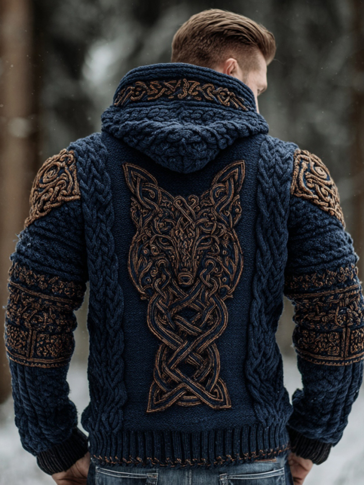 Men's Vintage Viking Wolf Celtic Knot Art Chunky Knit Hooded Zip-up Sweater