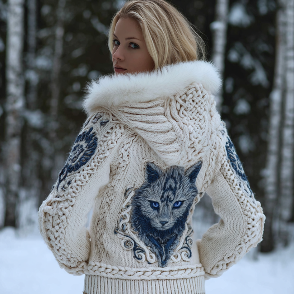 Viking Retro Style Cat Embroidery Pattern Women's Knit Hooded Sweater Jacket