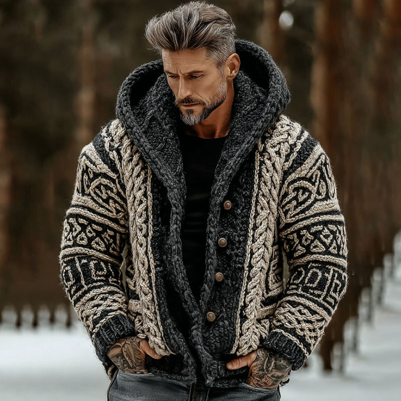 Men's Vintage Viking Celtic Knot Art Chunky Knit Button Hooded Sweater Cardigan