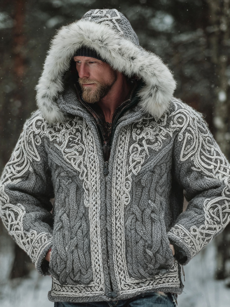 Men's Christmas Santa Celtic Art Warm Hooded Knit Sweater Jacket
