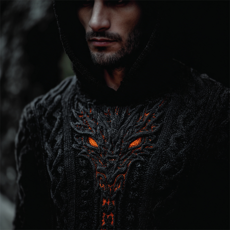 Men's Halloween Viking Dragon Face Celtic Cozy Chunky Hooded Sweater