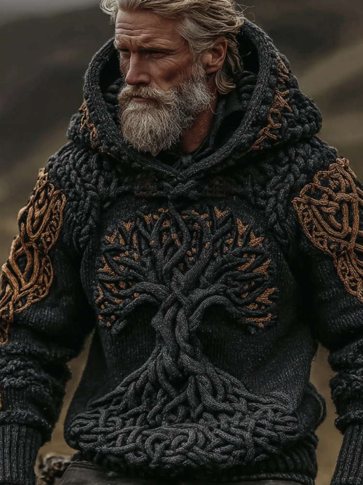 Men's Viking Tree Of Life Art Celtic Knot Jacquard Knitted Hooded Sweater
