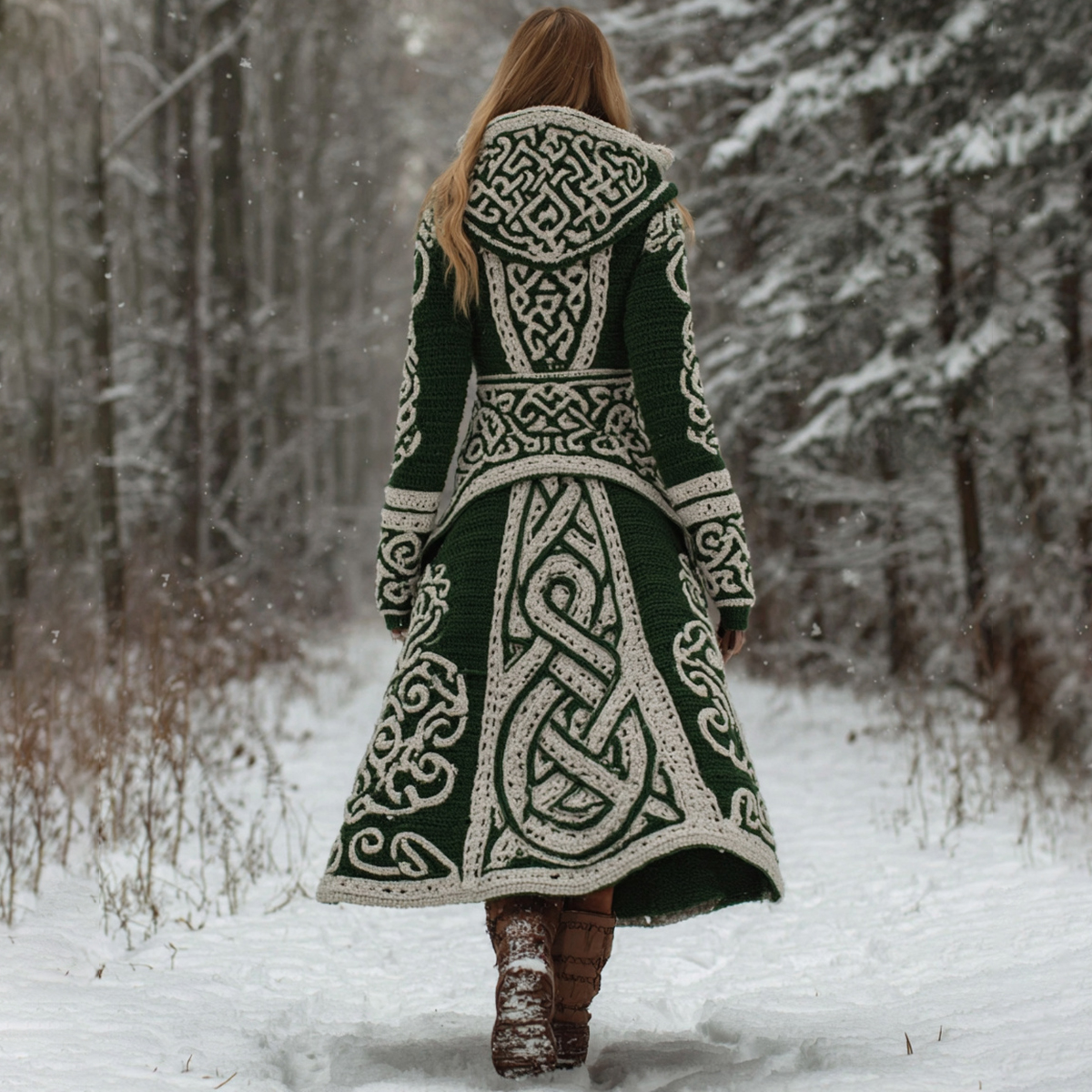 Women's Vintage Viking Celtic Knot Pattern Knit Hooded Long Sweater Coat
