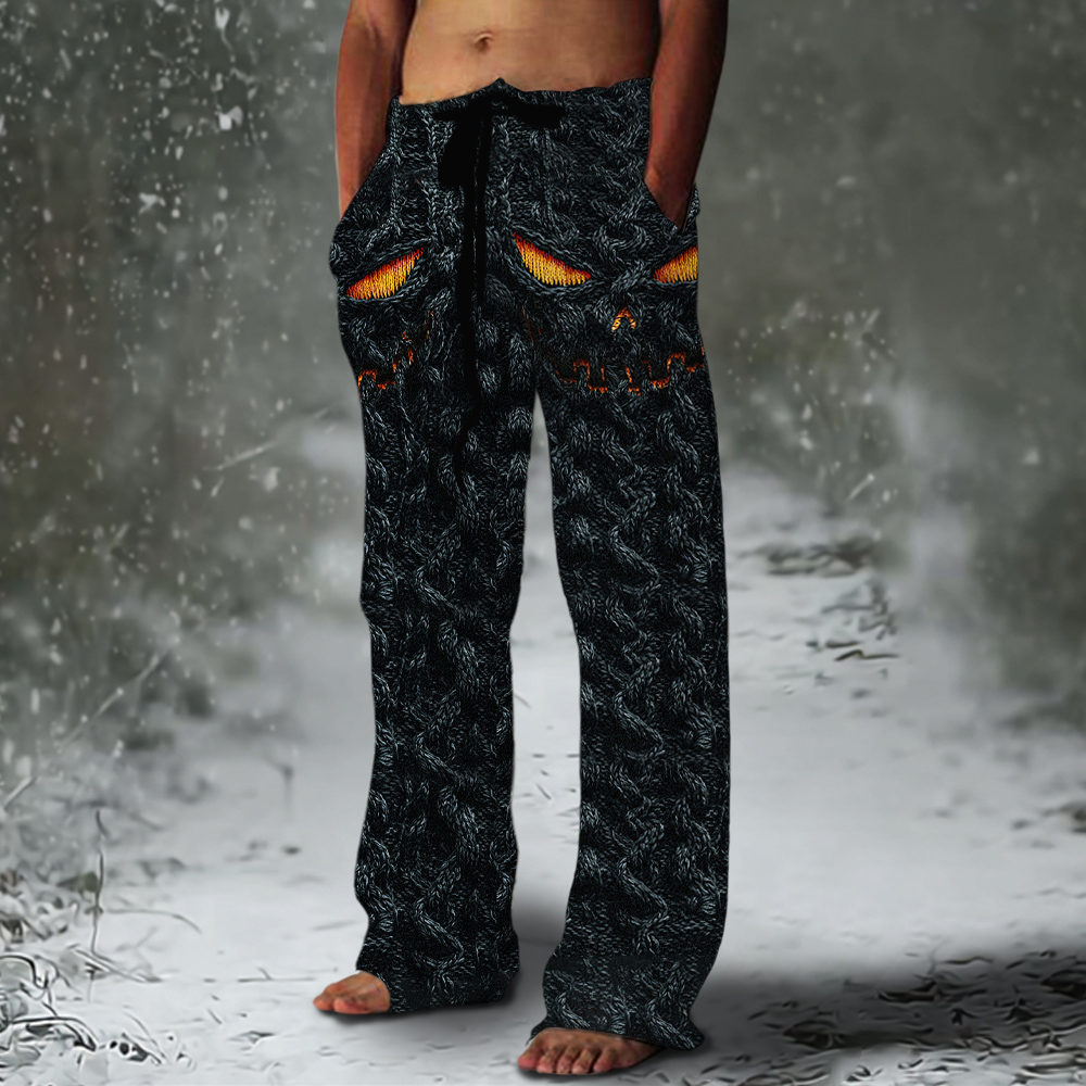 Halloween Evil Pumpkin Emoji Men's Chunky Knit Pants