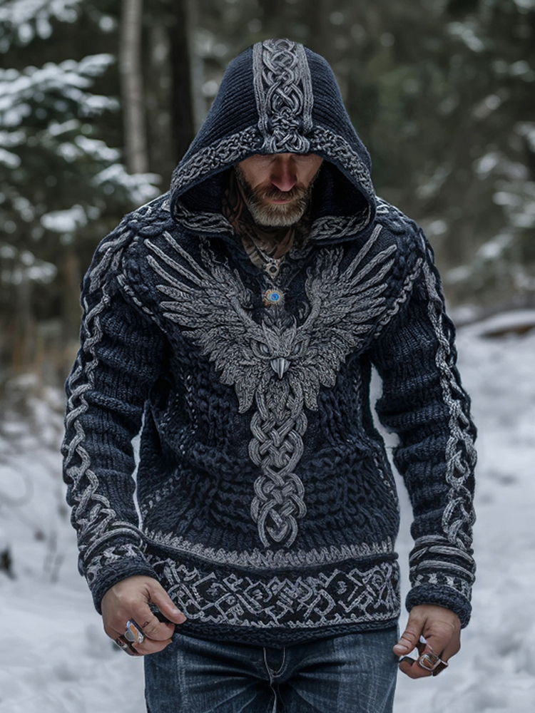 Men's Viking Eagle Celtic Knot Jacquard Knit Hooded Sweater