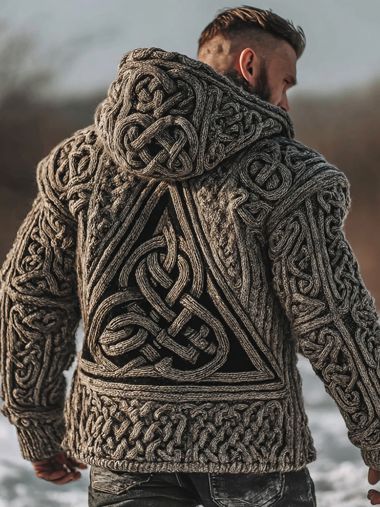 Men's Viking Valknut Runes Chunky Knit Hooded Cardigan