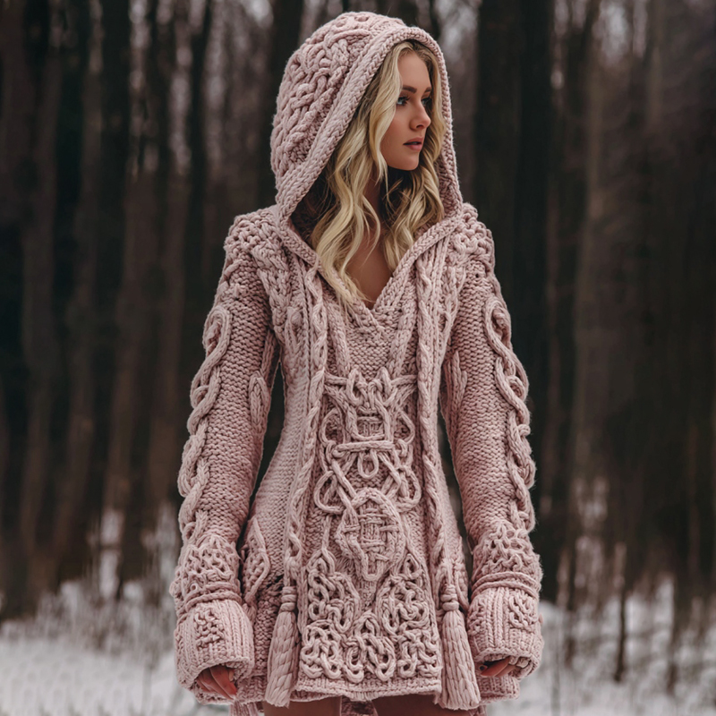 Women's Viking Celtic Knot Rune Knit Jacquard Warm Sweater Hooded Dress