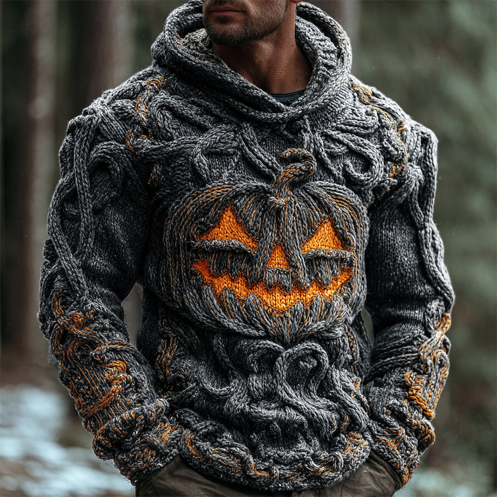 Halloween Pumpkin Emoji Men's Chunky Knit Hooded Sweater