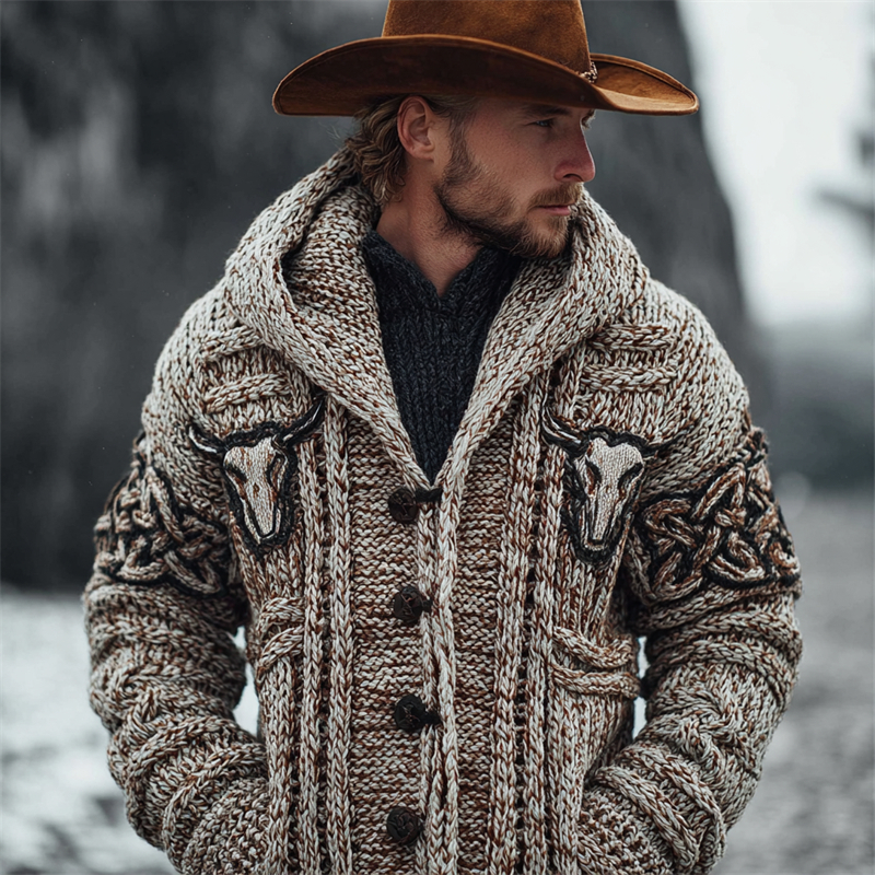 Men's Vintage Bull Skulls Chunky Cozy Knit Hooded Cardigan