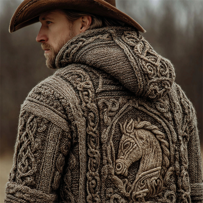 Men's Vintage Horse Crochet Celtic Cozy Knit Hooded Sweater