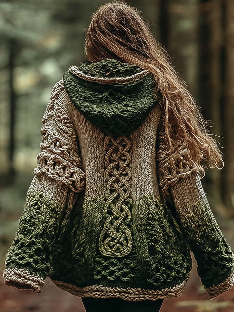 Women's Vintage Celtic Knot Gradient Pattern Knit Hooded Sweater