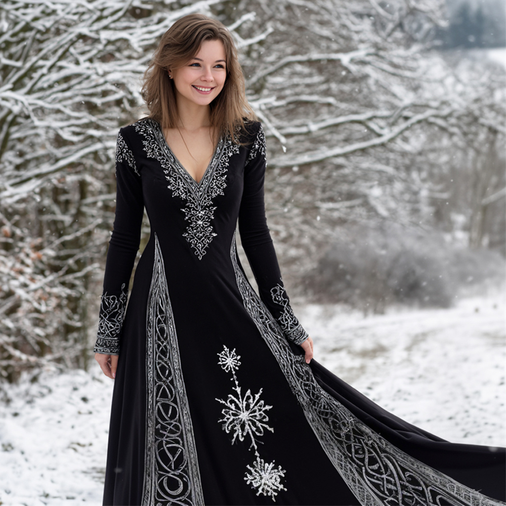 Christmas Snowflakes Viking-inspired Women's V-neck Flannel Maxi Dress