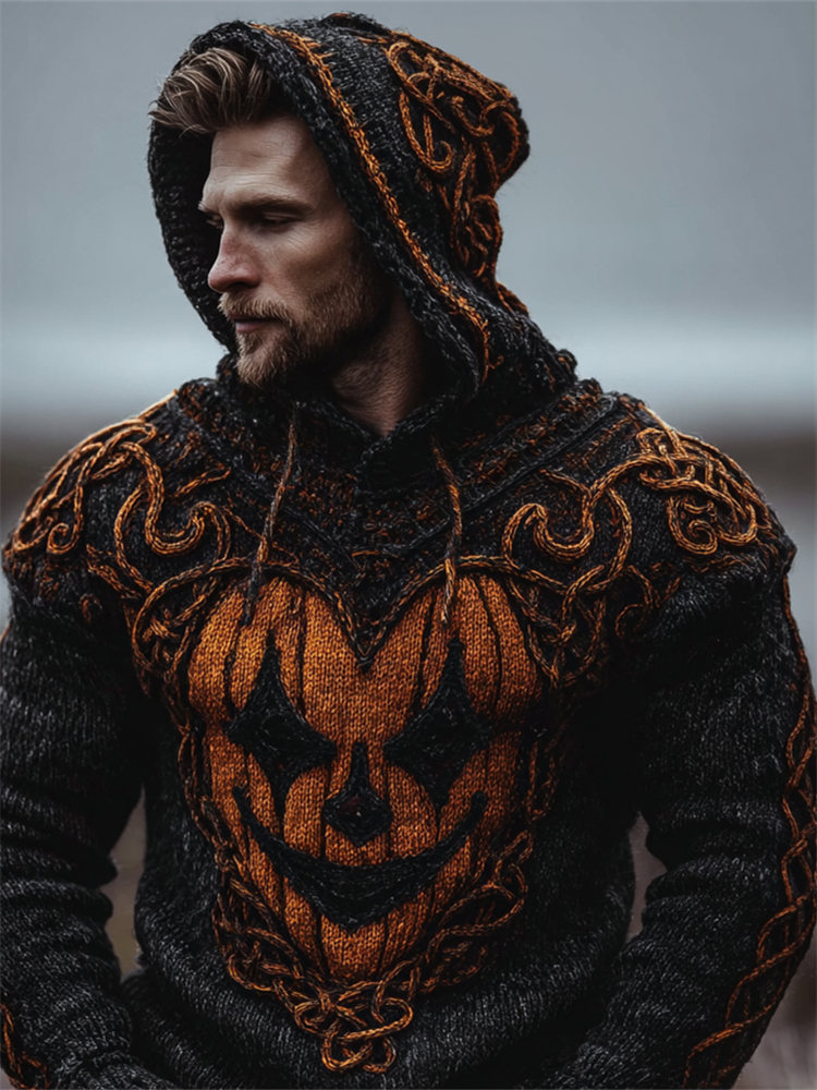 Halloween Evil Clown Pumpkin Celtic Cozy Chunky Hooded Sweater