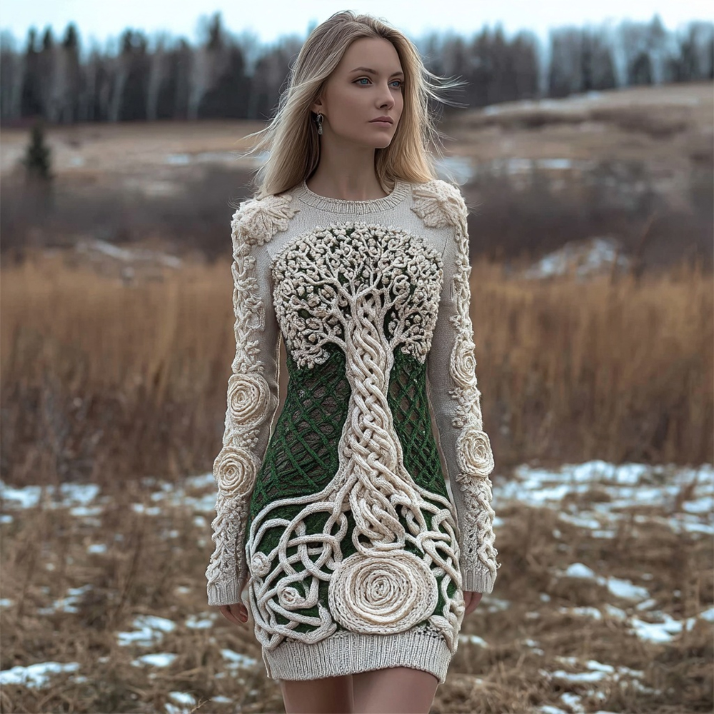 Viking Tree Of Life Vintage Cozy Knit Sweater Dress