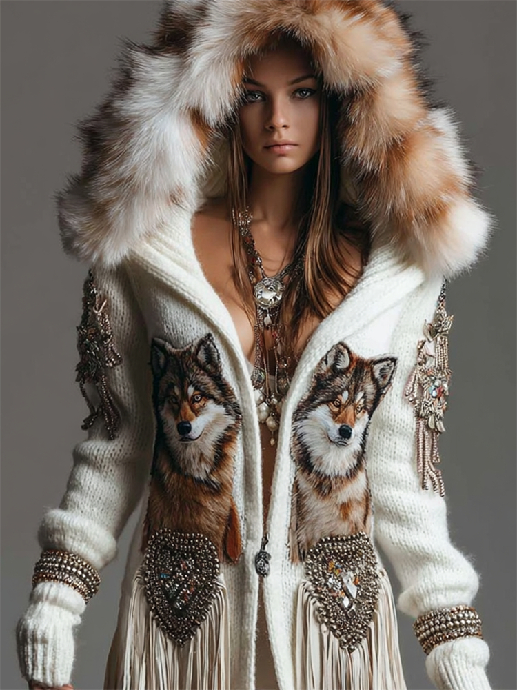 Vintage Western Wolf Ethnic Tassels Fur Trim Cozy Hooded Cardigan