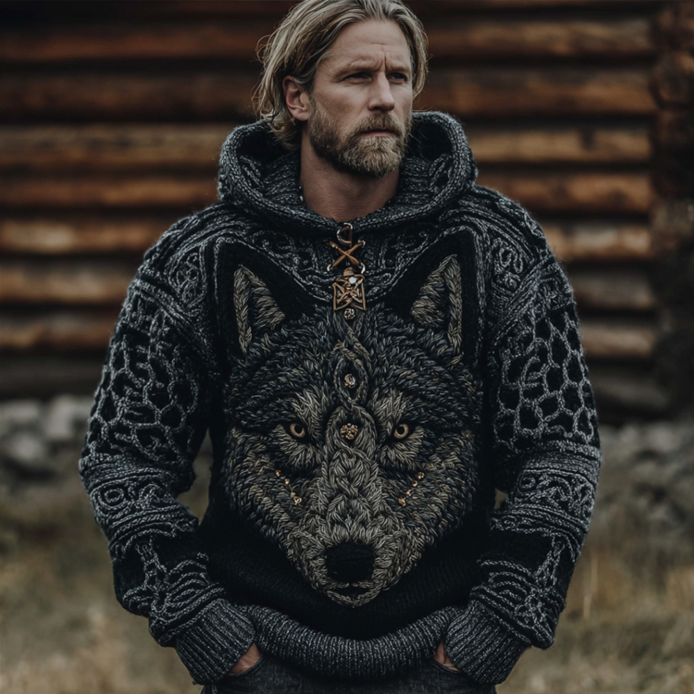 Men's Viking Style Three-dimensional Embroidered Wolf Totem Hooded Sweater