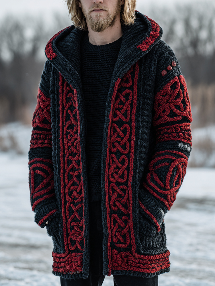 Men's Retro Celtic Knot Art Jacquard Chunky Knitted Cozy Hooded Cardigan